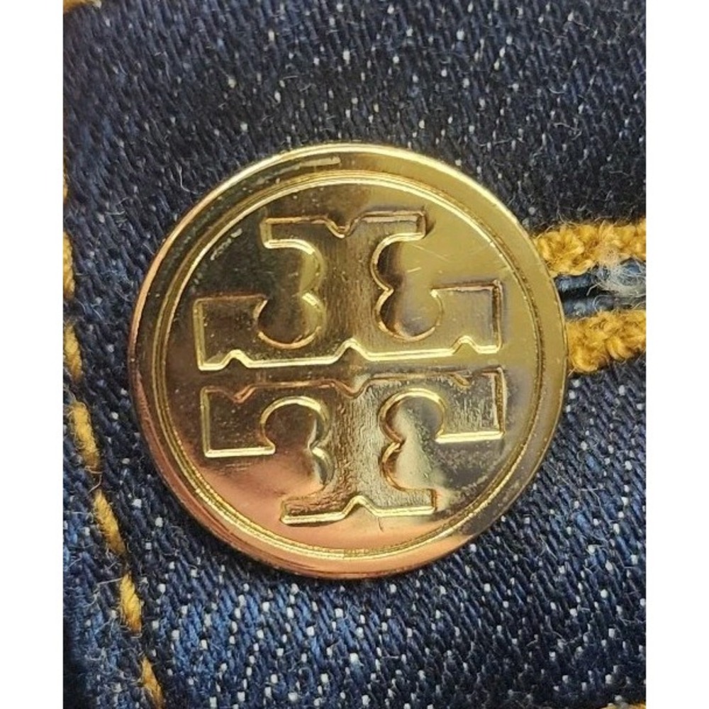 Tory Burch Women's Dark Denim Blue Jean Size 27 Straight Leg Gold Button Logo - Picture 12 of 14